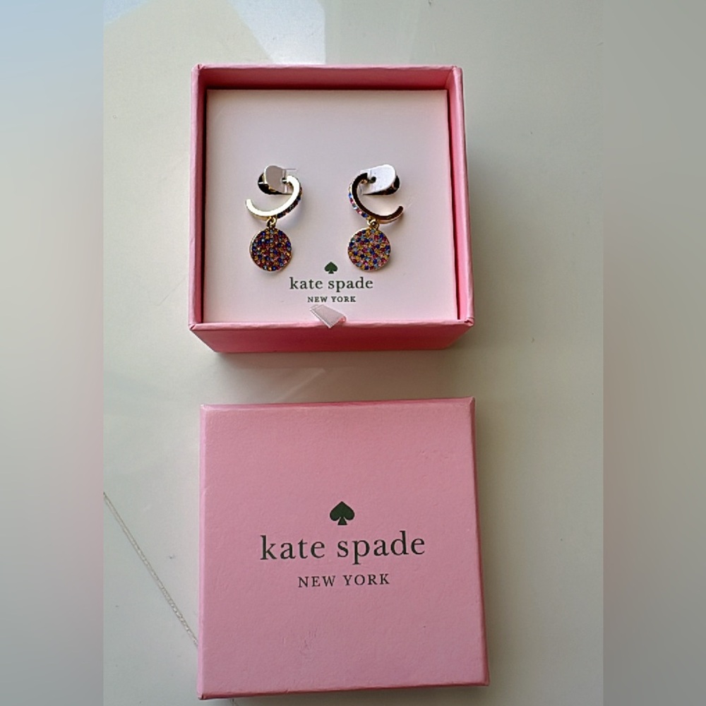 Kate Spade Gold Shine on Clear Pave' Disc Drop Small Hoop Earrings, New